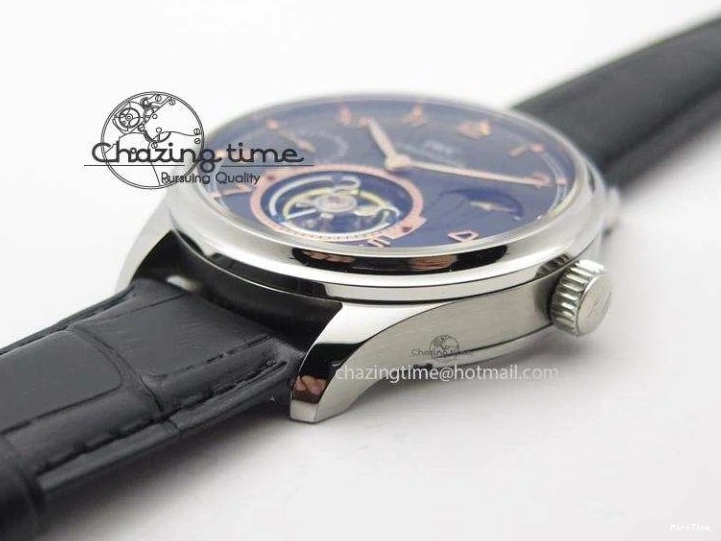 MIROTIME 0204 Portuguese Tourbillon Power Reserve Moonphase SS Black Dial Gold Numbers On Black Leather Strap RelaxedFit 7320